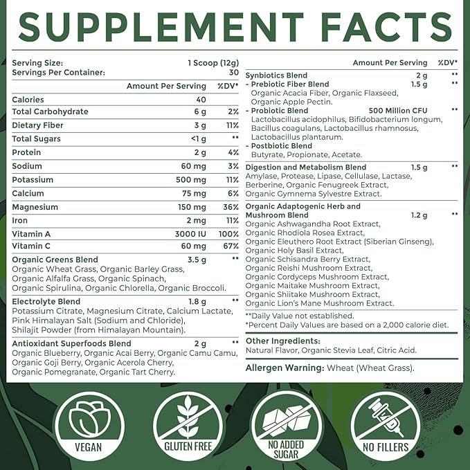 Super Greens Powder Superfood Supplement + Electrolytes & Tonic Herbs | Organic Greens, Adaptogens, Shilajit, Antioxidants, Prebiotic & Probiotic & Postbiotic | for Gut, Energy & Immune | 30 Servings