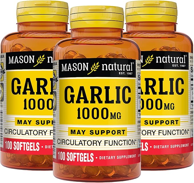 MASON NATURAL Garlic Oil 1000 mg, 300-Day Supply Softgels, Supports Normal Circulatory Function, 3 Pack