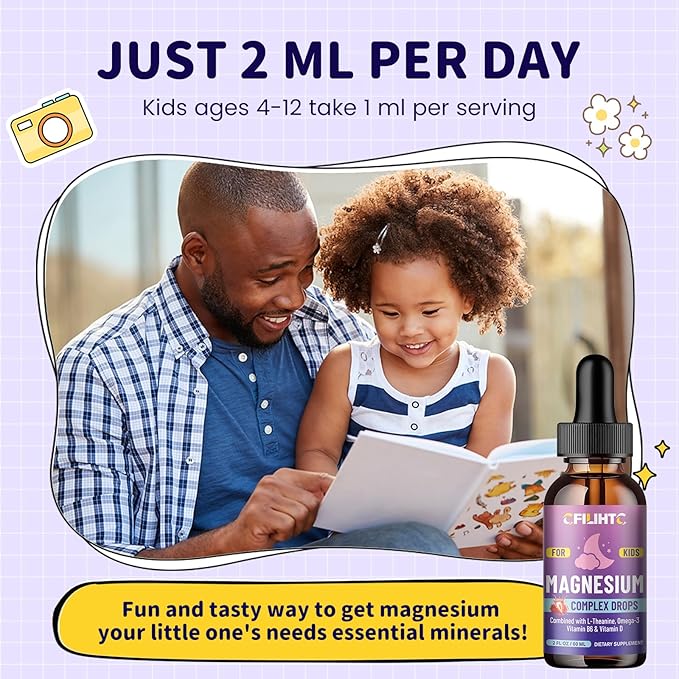Kids Magnesium Liquid Drops-Magnesium Glycinate Liquid for Kids Supplement-w/L-theanine, Omega-3, Vitamin B6, D3 - for Sleep, Relaxation, Brain, Bones - 4 Fl Oz Children's Calm