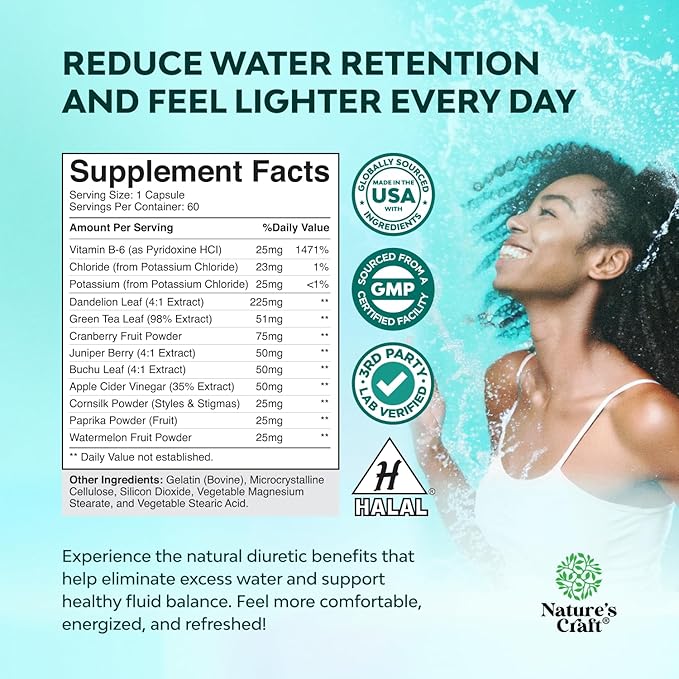 Water Away Herbal Diuretic Pills High Strength - Fluid Retention Supplement with Dandelion Leaf Extract & Green Tea for Bloating Relief for Women & Men - Capsules for Leg & Feet Swelling - 60 Count