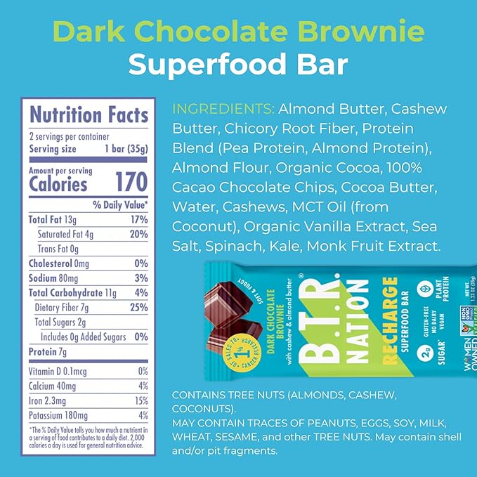 B.T.R. Nation Superfood Keto Protein Bars, Plant Based Vegan - Cinnamon Cookie Dough & Dark Chocolate Brownie | 12 Pack of Each | Low Carb, GF & Calorie, No Sugar Alcohols, Boosted with Superfoods