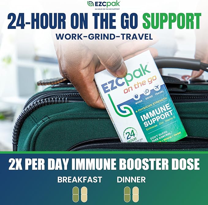 EZC Pak On The Go Immune System Booster with Echinacea, Vitamin C, Zinc, Immune Support Supplement, Immunity Vitamins for Adults, Travel-Friendly Packaging, Vegetarian, Gluten-Free - Pack of 6