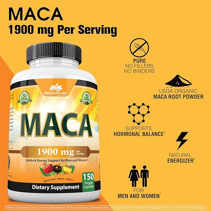 Organic Maca Root Black, Red, Yellow 1900 MG per Serving - 150 Vegan Capsules Peruvian Maca Root Gelatinized 100% Pure Non-GMO Supports Reproductive Health Natural Energizer