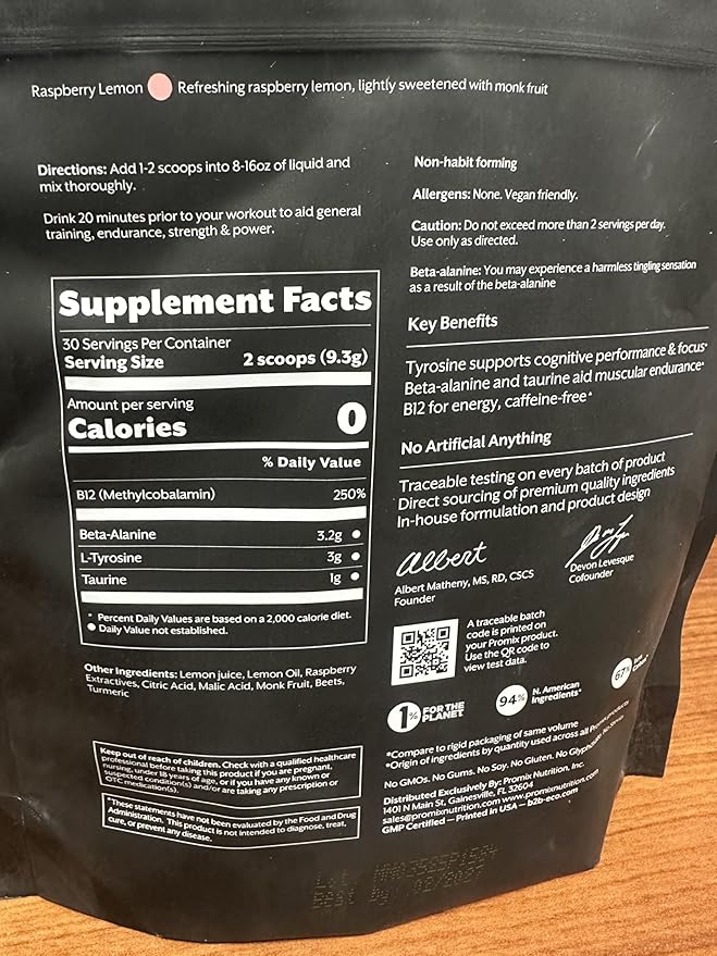 Promix Stim-Free Pre-Workout Powder, Raspberry Lemon - 30 Servings, 274g - Maximize Focus, Energy & Performance - Vitamin B12, Taurine, Beta-Alanine & L-Tyrosine - Free of Gluten, Dairy & Caffeine