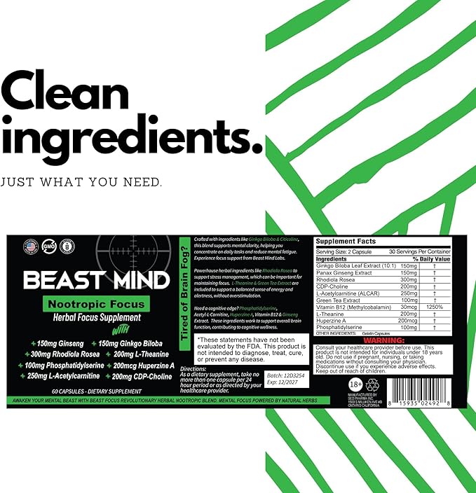 Focus Clarity Nootropic Blend | Ginkgo Biloba | Huperzine A | Rhodiola | Citicoline | L-Theanine | Enhanced Focus & Clarity & Cognitive Function Labs