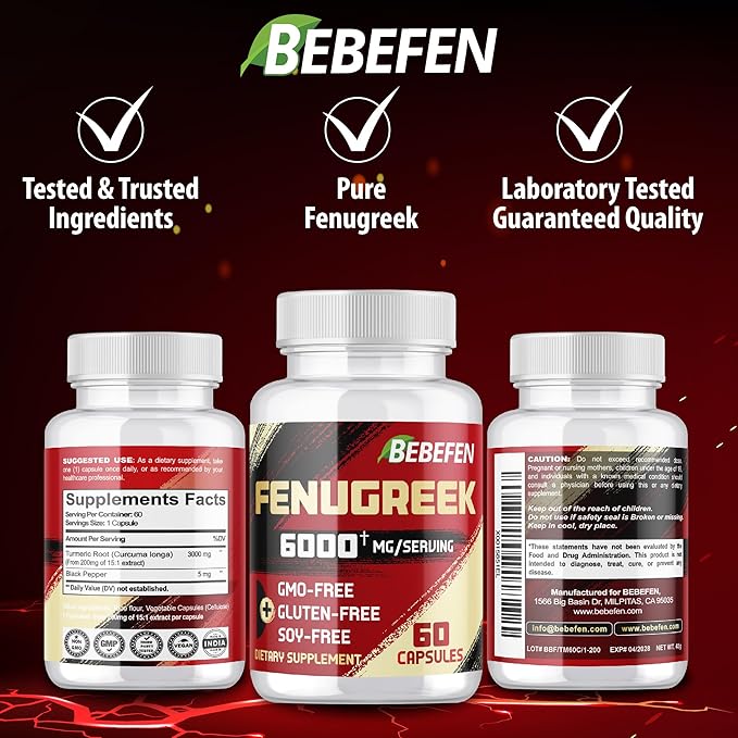 BEBEFEN Fenugreek Capsules 6000mg - Dietary Supplement for Digestion, Women's Health & Overall Well-Being - Vegetarian, Non-GMO