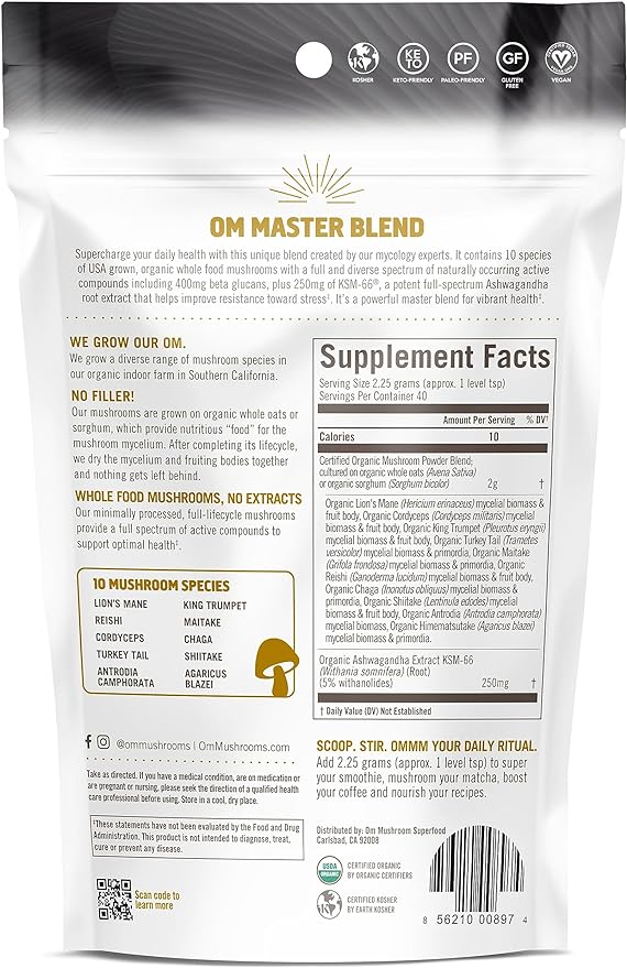 Om Mushroom Master Blend, Organic 10 Mushroom Complex & Adaptogens Powder, Reishi & Lions Mane - 3.17 oz