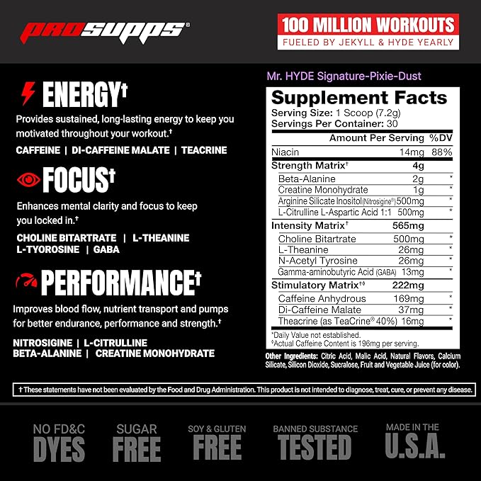 PROSUPPS Mr. Hyde Signature Pre Workout Powder with Creatine, Beta Alanine & Caffeine - Performance, Energy & Endurance - Clean Fitness & Gym Supplements for Men & Women (Pixie Dust, 30 Servings)