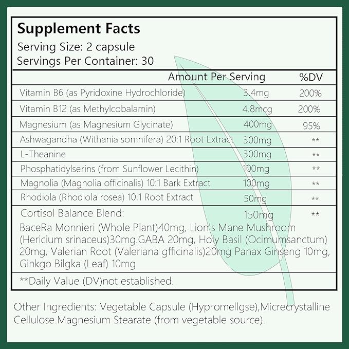 Cortisol Supplement for Women Men, Hormone Balance, Magnesium, Ashwagandha, Rhodiola, L-Theanine, Vitamin B6 & B12, Mood, Focus, Sleep Support, Vegan 60 Capsules