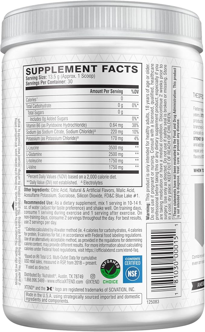 XTEND Original BCAA Powder 7g BCAA and 2.5g L-Glutamine, Sugar Free Post Workout Muscle Recovery Drink with Amino Acids for Men & Women, 30 Servings