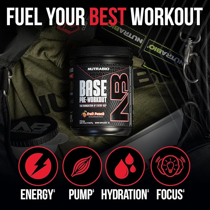 NutraBio Base Pre-Workout Powder 200mg Caffiene, Sustained Energy, Focus, Endurance, Pump, Sugar Free, Clean Preworkout for Men and Women - Beta Alanine, L-Tyrosine, 30 Servings - Fruit Punch