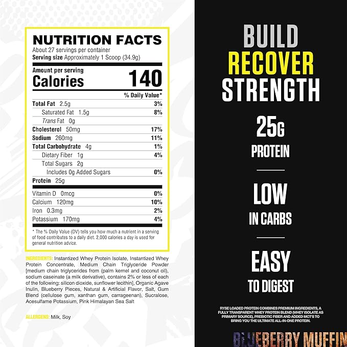 Ryse Loaded Protein Powder - Blueberry Muffin - 25g Whey Protein Isolate & Concentrate with Prebiotic Fiber & MCTs - Low Carb, Low Sugar, Digestive-Friendly - 20 Servings / 1.5 lb Tub