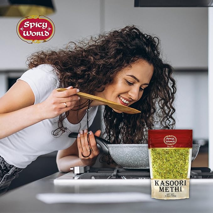 Spicy World Dried Fenugreek Leaves (Kasoori Methi) 3.5oz Box (100g) - All Natural | Vegan | Gluten Friendly | NON-GMO | Indian