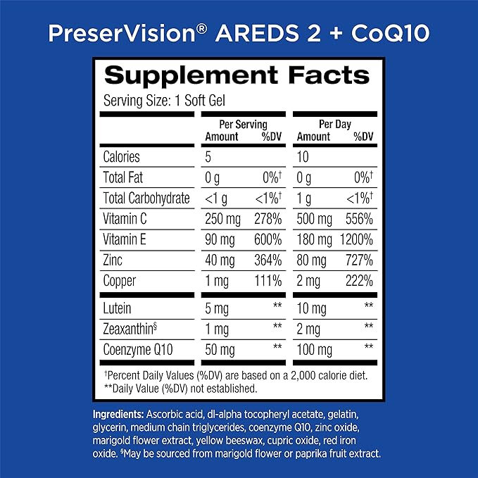 PreserVision AREDS 2 Eye Vitamins for Macular Support with CoQ10 for Heart Health, Lutein and Zeaxanthin Supplement with Vitamin C & E, Zinc, and Copper for Vision & Ocular Health, 80 Softgels