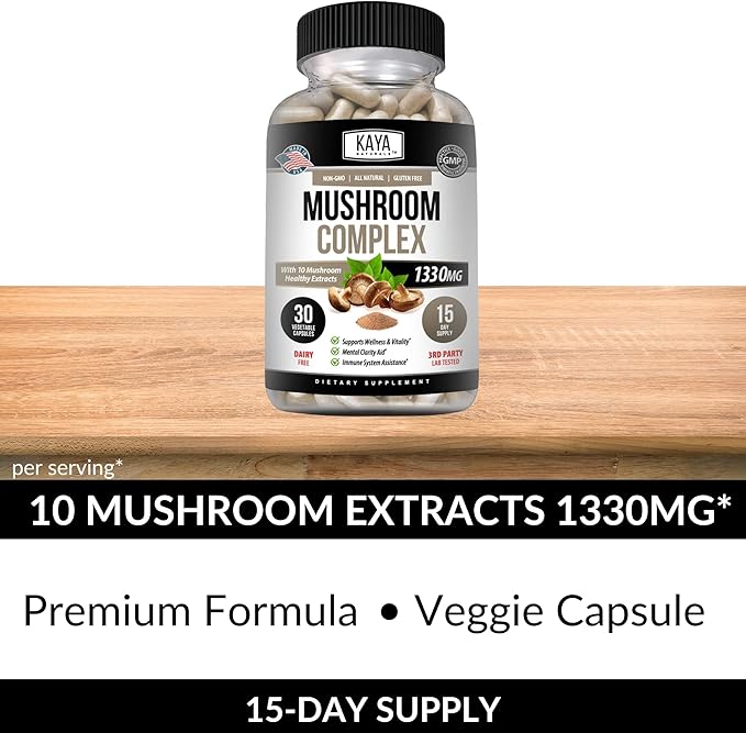 Kaya Naturals Premium Mushroom Complex Potent - Mushroom Complex Capsules 1995mg Per Serving - Aids Mental Clarity Supports Immune System, Wellness & Vitality |-30 Count