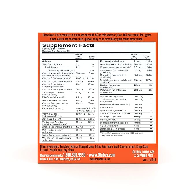 Ola Loa Energy Orange Multi Vitamin Drink Mix - Amino Energy Powder, Gluten Free, Detox, Dairy Free, Caffeine Free - Drink Your Vitamins for the Rigors of Daily Life - 30 Packets (8.25oz)