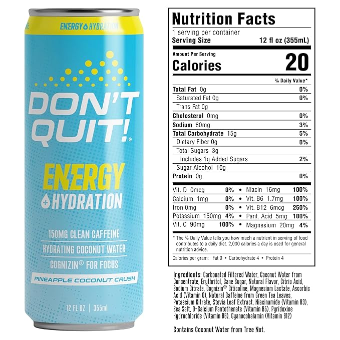 DON’T QUIT Clean Sports Energy Drink - 150 Milligrams of Natural Caffeine with Coconut Water and Electrolytes for Hydration and Cognizin® for Attention and Focus - (Pineapple Coconut Crush, 12 Pack)