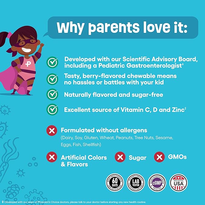 Physician's CHOICE Probiotics for Kids - 7 Diverse Strains, Organic Prebiotics, Vitamins & Minerals - Clinically Studied L. Rhamnosus - Immune & Digestive Support - No Sugar or Artificial Dyes - 60ct
