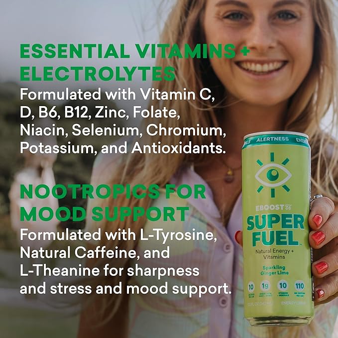 EBOOST Super Fuel Natural Energy Drink - Ginger Lime - 12 Pack x 11.5 Fl Oz - Natural Caffeine from Coffee and Green Tea - Essential Electrolytes, Nootropics, and Vitamins - Sports Preworkout Drink