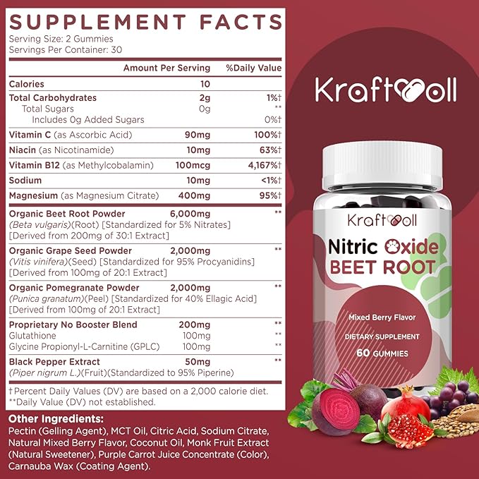 Nitric Oxide Beet Root Gummies with Grapeseed Powder, Pomegranate Powder, Vitamin C & B12 – Sugar-Free, Mixed Berry Flavor – 60 Gummies