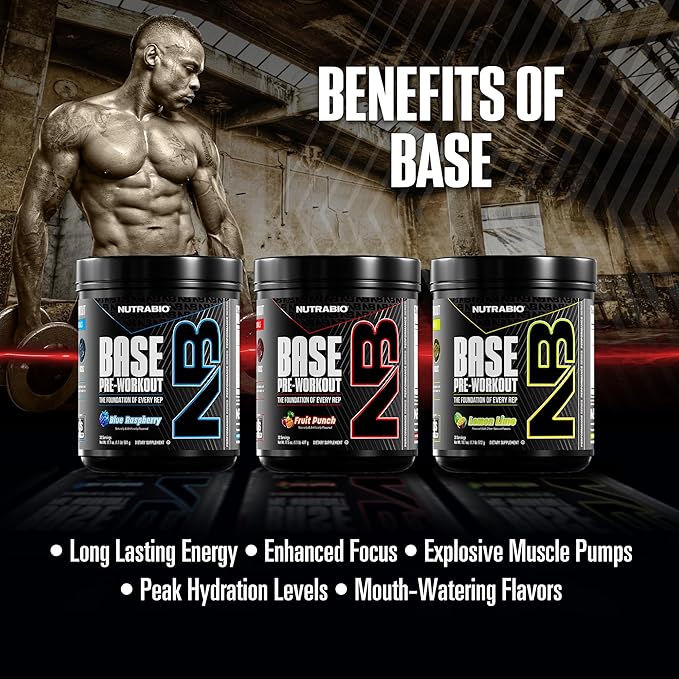 NutraBio Base Pre-Workout Powder 200mg Caffiene, Sustained Energy, Focus, Endurance, Pump, Sugar Free, Clean Preworkout for Men and Women - Beta Alanine, L-Tyrosine, 30 Servings - Fruit Punch