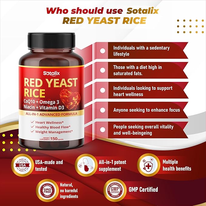 Ultra Red Yeast Rice with CoQ10, Omega 3 Niacin, Vitamin D3 for Overall Well-Being, Immune System Support - USA Made & Tested (150 Count (Pack of 1))