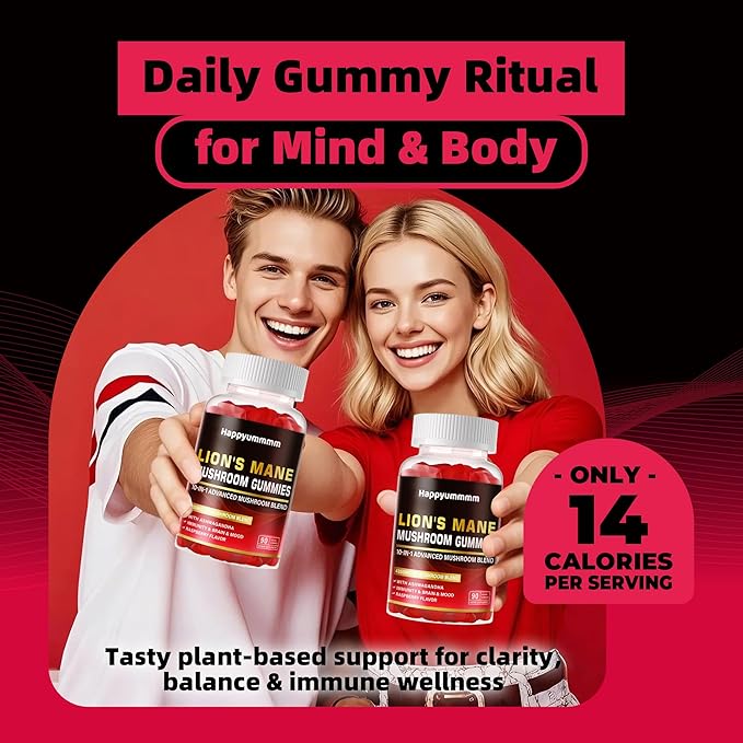 Mushroom Gummies - 10x Mushroom Supplement with Ashwagandha and Lions Mane (90 Chews) Nootropic Brain Supplement, Immune Support & Stress Relief-Raspberry Flavor