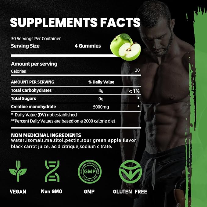 Creatine Monohydrate Gummies 5g for Men Women,Sugar Free Chewables Creatine Pre-Workout for Muscle Strength, Sour Green Apple, 120 Count