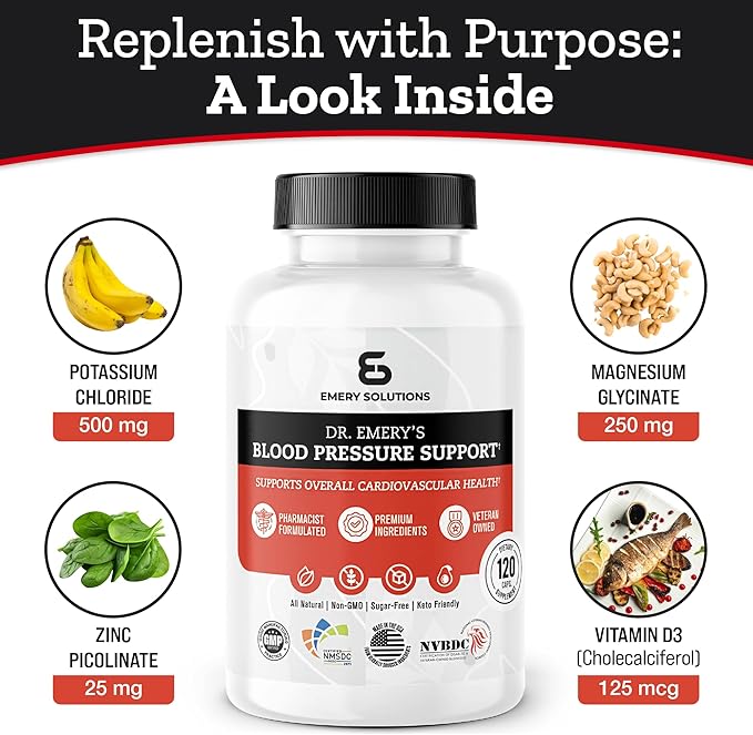 Dr Emery's Blood Pressure Support Supplement with Magnesium, Zinc, Vitamin D3, & Potassium, Vegan-Approved, Sugar-Free, Formulated by Clinical Pharmacist, 360 Capsules, 90 Day Supply