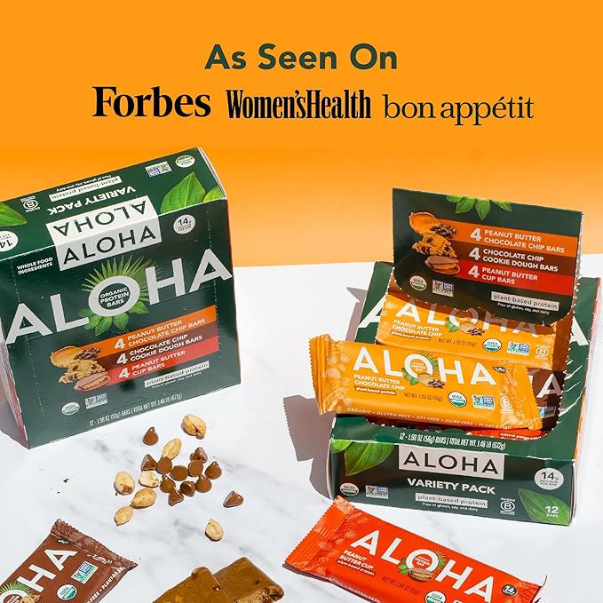 ALOHA Organic Plant Based Protein Bars - 3 Flavor Variety Pack - 12 Count, 1.9oz Bars - Vegan Snacks, Low Sugar, Gluten-Free, Low Carb, Paleo, Non-GMO, Stevia-Free, No Sugar Alcohol Sweeteners