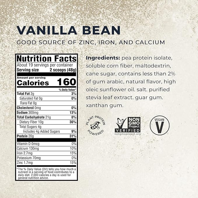 Evolve Plant Based Protein Powder, Vanilla Bean, 20g Vegan Protein, Dairy Free, No Artificial Flavors, Non-GMO, 10g Fiber, Amazon Exclusive, 2 Pound (Packaging May Vary)