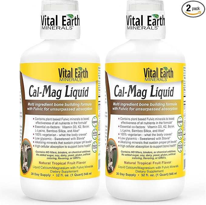 Vital Earth Minerals Cal-Mag Liquid – Calcium Magnesium Supplement with Vitamin D3, K2, Boron, and Fulvic Acid for Faster Absorption, 32 Oz Ea + 1 Oz Cup