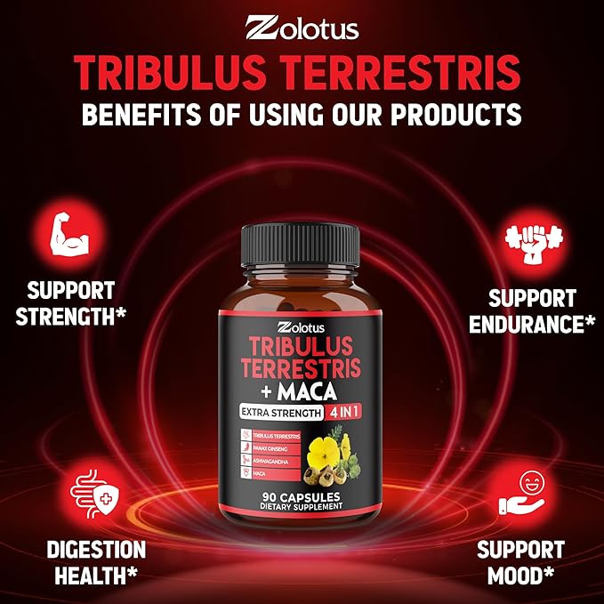 Zolotus Premium Tribulus Terrestris Capsules - Combined with Ashwagandha, Panax Ginseng & Maca - 90 Counts for 3 Months