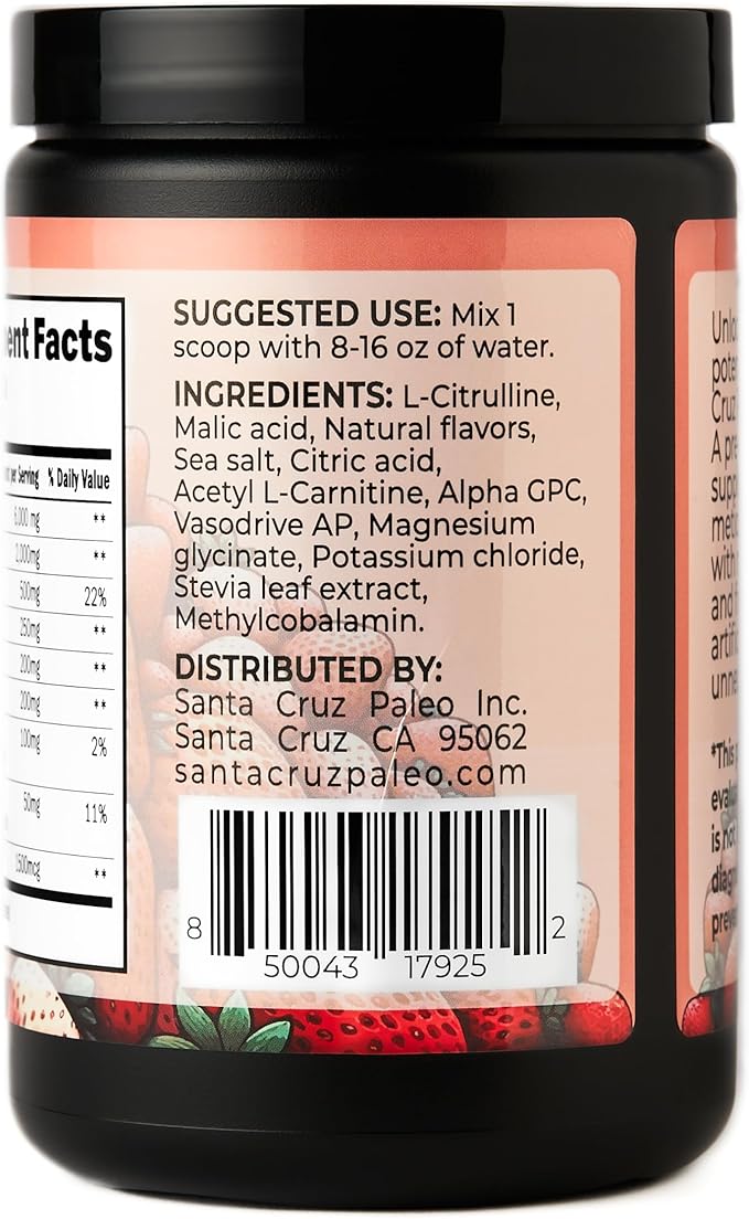 Santa Cruz Paleo Natural Pre Workout Powder, Strawberry, Keto Preworkout with Electrolytes Magnesium, Potassium, L-Citrulline, Caffeine Free, Sugar Free Drink Mix for Energy & Hydration, 30 Servings