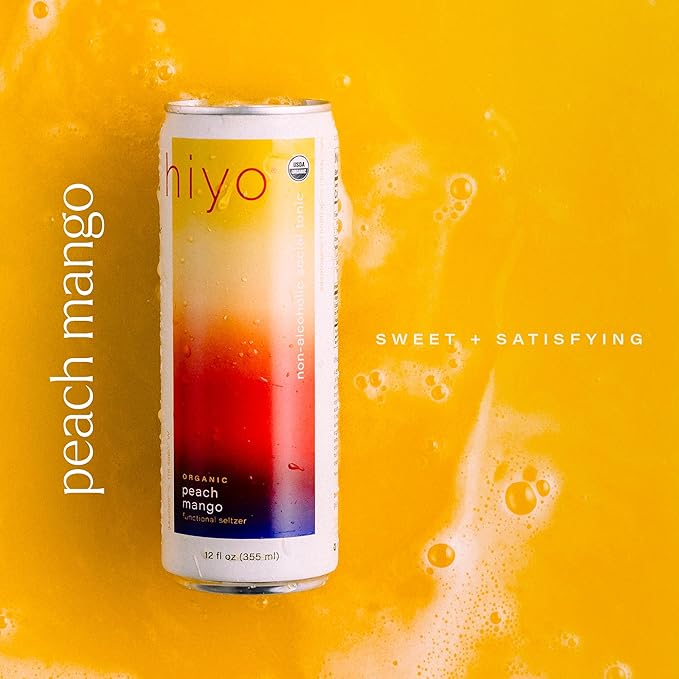 Hiyo Organic Social Tonic - Peach Mango, 12 Pack - N.A. Functional Seltzer, Sparkling Water Crafted with Organic Adaptogens, Nootropics & Botanicals