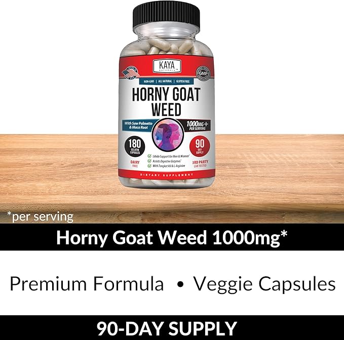 Kaya Naturals Horny Goat Weed Extract - Maca - Extra Strength Complex with Saw Palmetto Ginseng, Arginine Vitamin Supplement - Horny Goat Weed - 180 Count