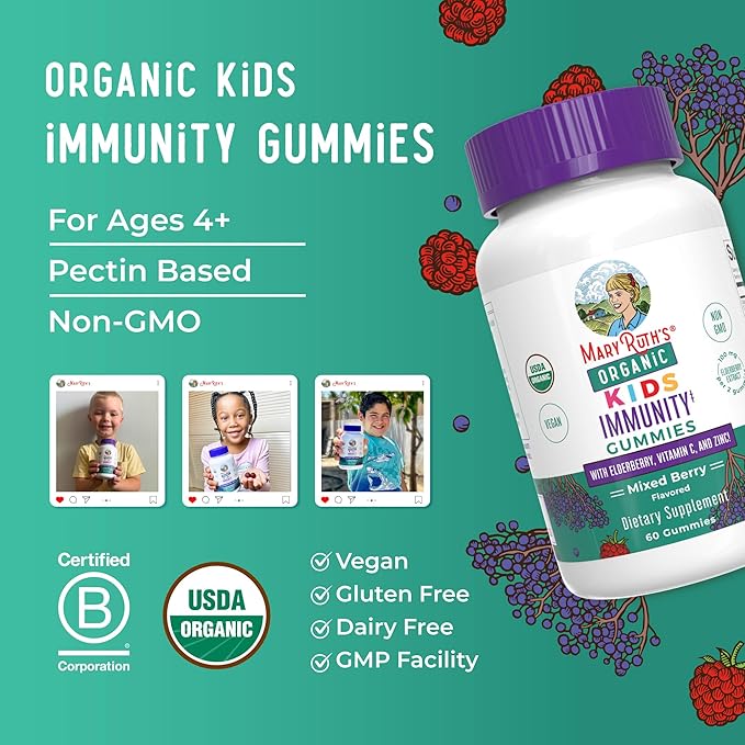 MaryRuth Organics Kids Immune Support Gummies | USDA Organic | Vitamin C, Zinc, and Elderberry Gummies for Kids| Immune Support for Ages 4+ | Vegan | Non-GMO | Gluten Free | 60 Count