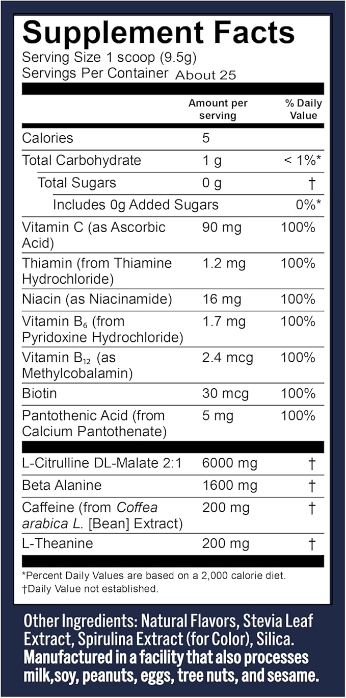 Vega Pre-Workout - 200mg Caffeine, Energy & Focus Drink Mix, Blue Raspberry, 25 Servings, 1.6g Beta Alanine, 6g Citrulline Malate, Vegan, Gluten-Free, Dairy Free, No Sugar Added, 8.4oz
