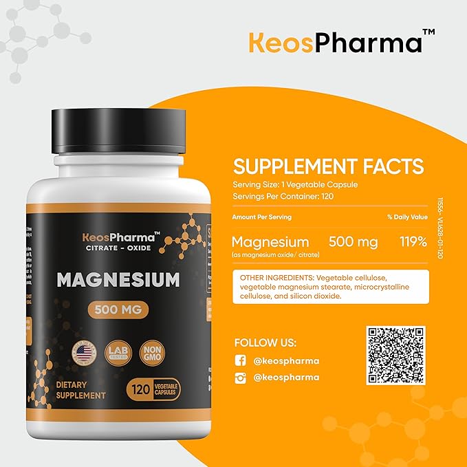 Magnesium Citrate 500mg Oxide 120 Capsules - Stress Relief Supplement Magnesium 500 mg Tablets - High Absorption Multi Supplement for Women & Men up to 4-Months Supply