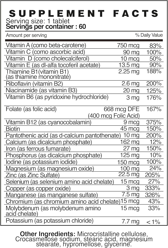 multivitamin, Vitamin A, Vitamin C, Vitamin D, Vitamin E, Vitamin B12, Vitamin B6, Calcium, zinc, Phosphorus, Potassium, Iron, Minerals, biotin, thiamine, Magnesium, Chromium, riboflavin.
