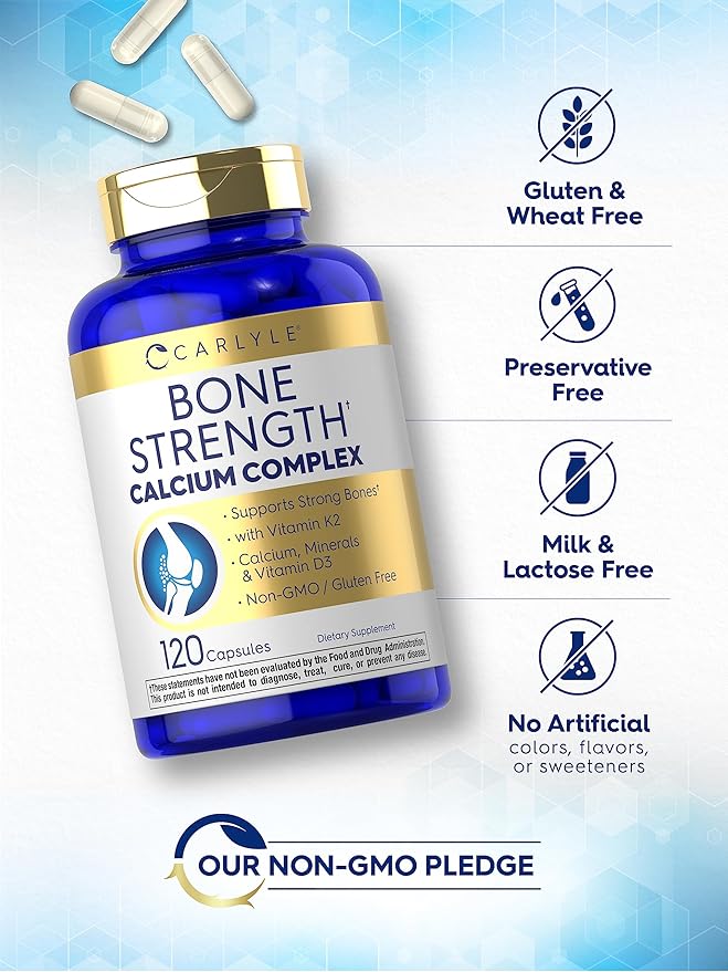 Carlyle Bone Strength Calcium Complex Supplement | with Vitamin D3, Magnesium, K2, Zinc & Boron | 120 Capsules | Non-GMO, Gluten Free