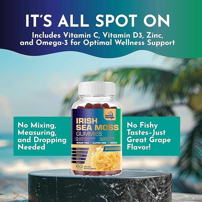 Irish Sea Moss 2000mg Gummies - Bladderwrack Burdock Elderberry Black Seed Turmeric Omega-3 Vitamins C D3 Zinc - Seamoss Supplements for Adults Kids - Vegan Sugar Gluten Free Chewable Gummy