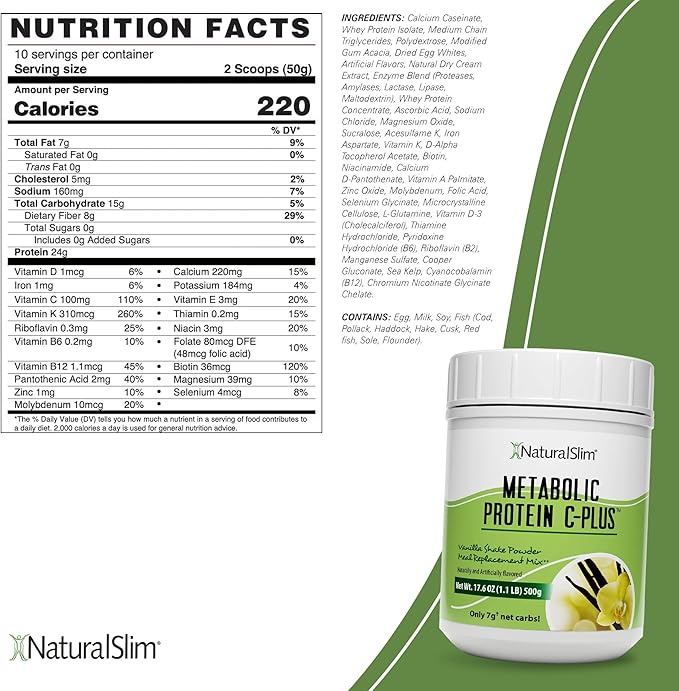Naturalslim Protein Powder with Vitamins and Minerals Metabolic C-Plus - Meal Replacement Powder Fortified with Vitamin C, Zinc & Amino Acid - Vanilla Protein Powder 10 Servings 1.1 lb.