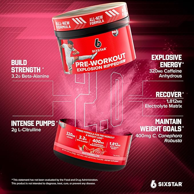 Six Star Pre-Workout Explosion, Watermelon (30 Servings) - Preworkout Energy Powder Supplement for Men & Women - Pre Workout Drink Mix with Creatine & Beta Alanine - Sports Nutrition Products