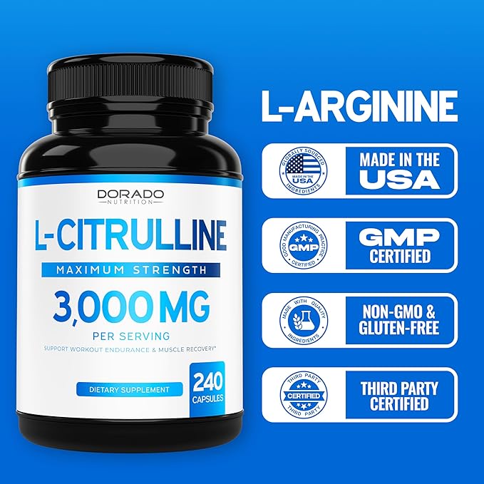 L Citrulline 3000mg Supplement (240 Capsules) Support L Arginine & Nitric Oxide Pills - L-Citrulline For Men & Women - Stamina, Endurance, Performance for Workouts - 3rd Party Tested, Vegan, USA Made