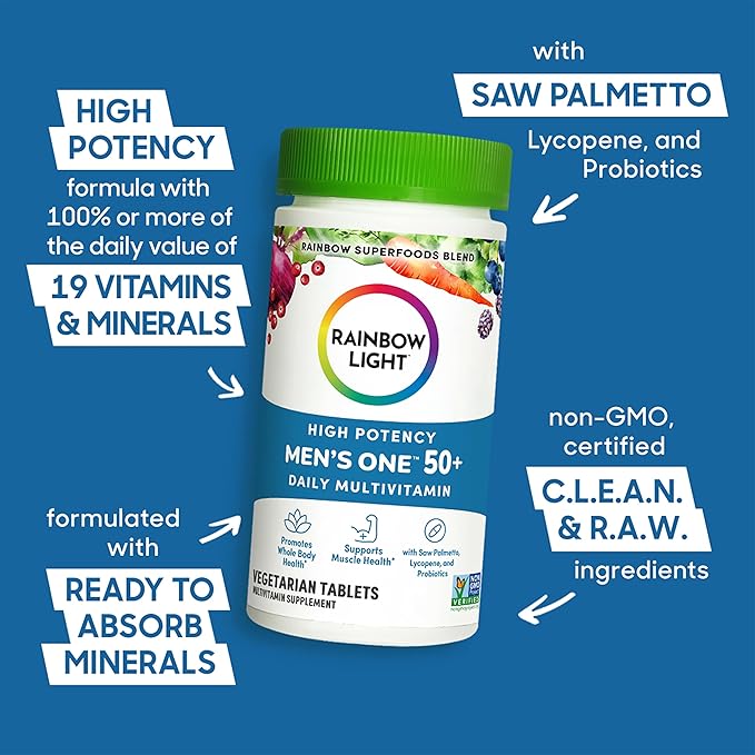 Rainbow Light Multivitamin for Men 50+, Vitamin C, D & Zinc, Probiotics, Men's One 50+ Multivitamin Provides High Potency Immune Support, Non-GMO, Vegetarian, 60 Tablets