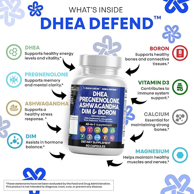 DHEA 200mg Supplement Pregnenolone 100mg for Men & Women with DIM Ashwagandha Boron 6mg Complex Calcium Magnesium Zinc 50mg Vitamin D3 5000 iu Hormone Support Capsules Pills - Made in USA 60 Ct