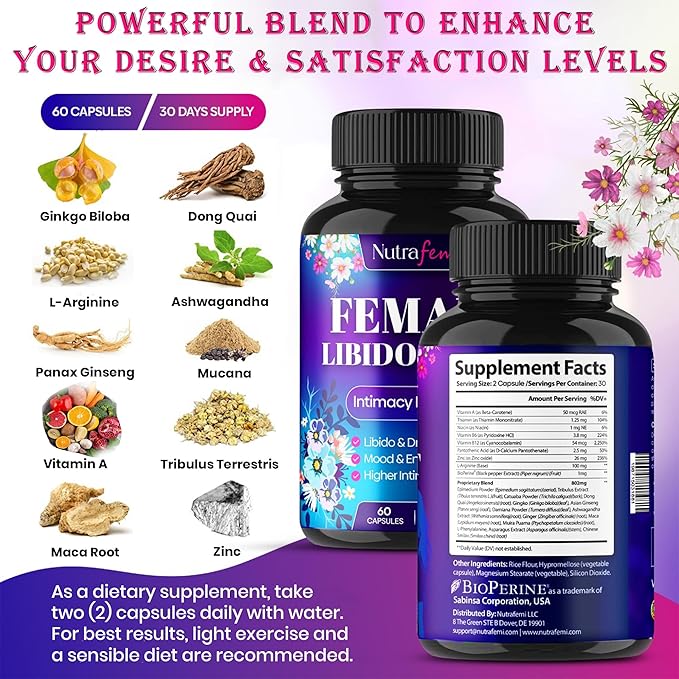 Fast Acting Highly Effective Libido Booster for Women-Female Libido Booster for Hormonal Balance, Mood & Drive - with Maca Root, Ginseng, Tribulus, Gingko & Ashwagandha - 60 Capsules