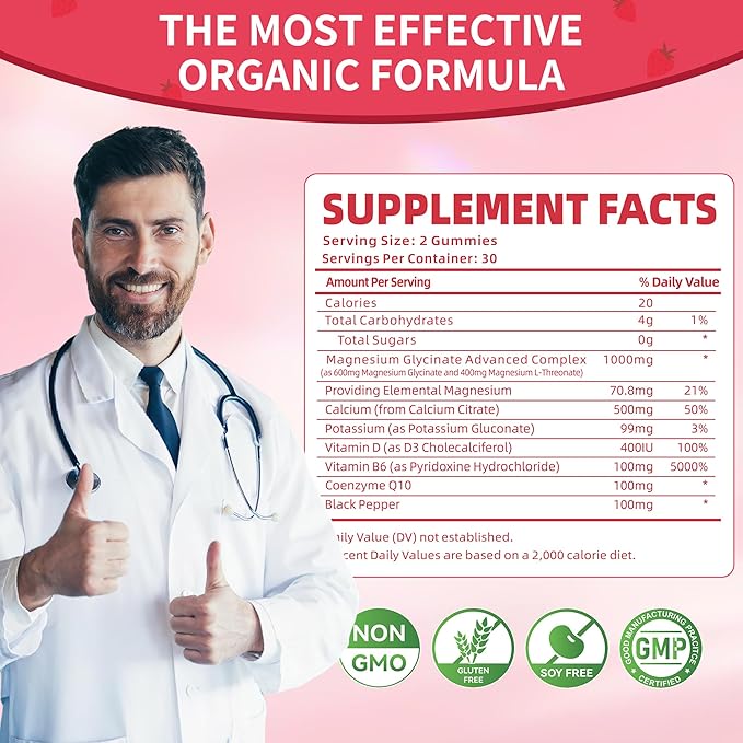 Magnesium Glycinate Gummies 1000mg - Sugar Free Magnesium Potassium Supplement with Vitamin D, B6, CoQ10 for Calm Mood & Sleep Support - 120 Strawberry Gummies -2 Pack