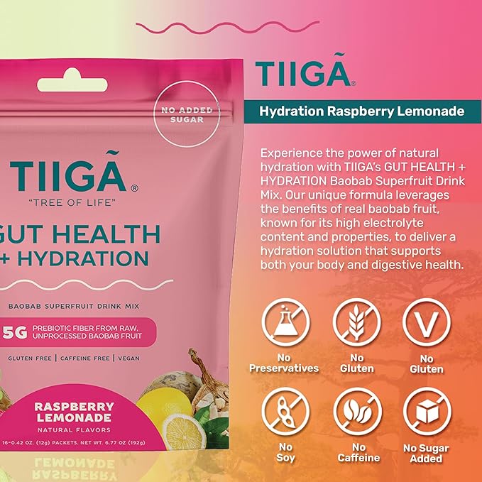 Tiiga 2-in-1 Gut Health + Hydration Drink Mix – Natural Debloat Formula with 75%+ Baobab & Coconut Water. High in Antioxidants, Prebiotics, Zero Added Sugar, Supports Digestion, Energy & Helps Debloat